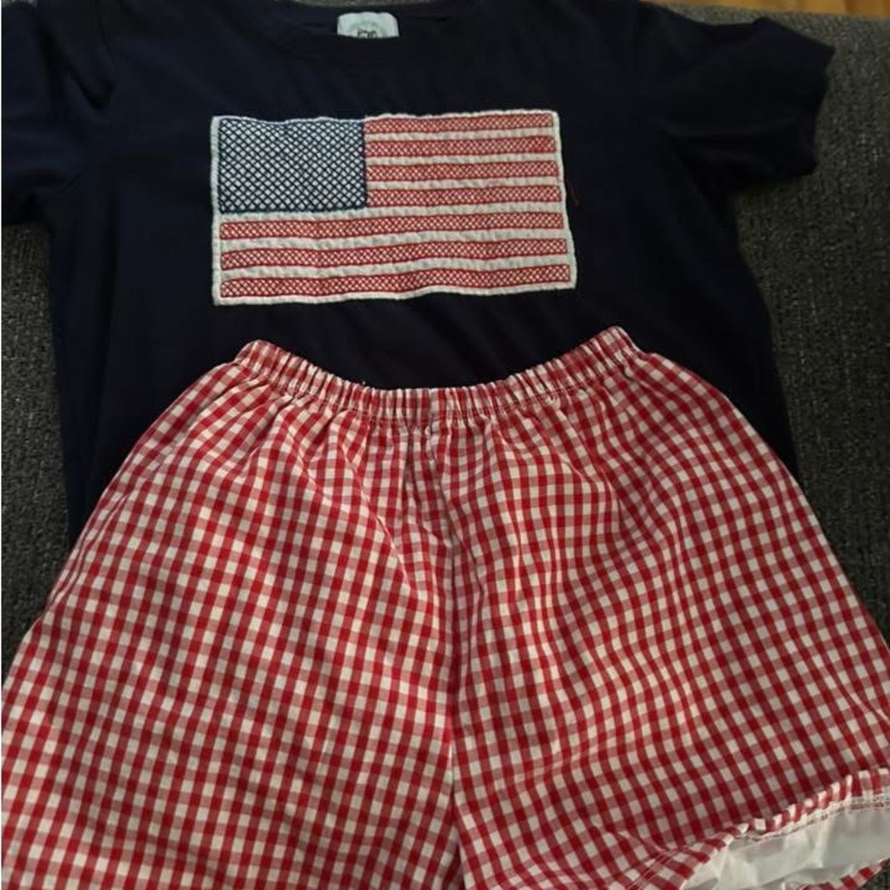 Navy Flag T-Shirt and Red Gingham Shorts Set